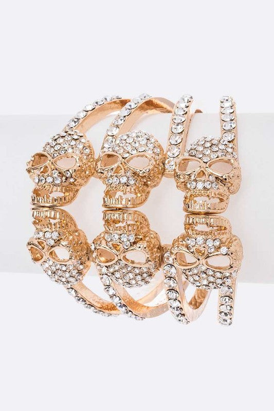 Crystal Skull Hinge Bangle Rhinestone Bracelet Gold