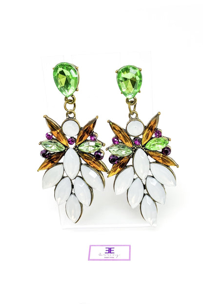 Crystallized Stone Dangle Earrings Floral Gem Long Drop