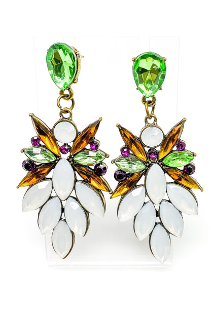 Crystallized Stone Dangle Earrings Floral Gem Long Drop