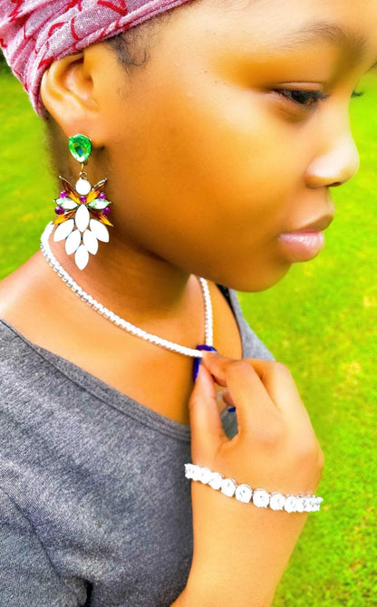 Crystallized Stone Dangle Earrings Floral Gem Long Drop