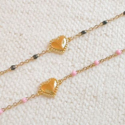 Dainty Heart Chain Bracelet With Color Dot Beads Gold