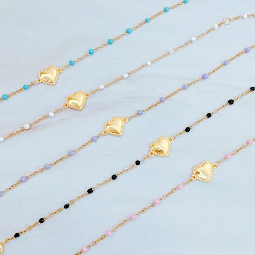 Dainty Heart Chain Bracelet With Color Dot Beads Gold