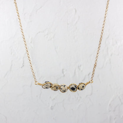 Dalmatian Jasper Wire Wrapped Pod Necklace 18 Inch Gold