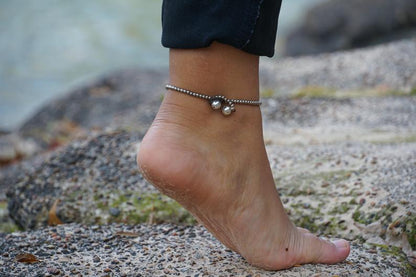 Black Boho Anklet Silver Beaded Adjustable Beach Jewelry