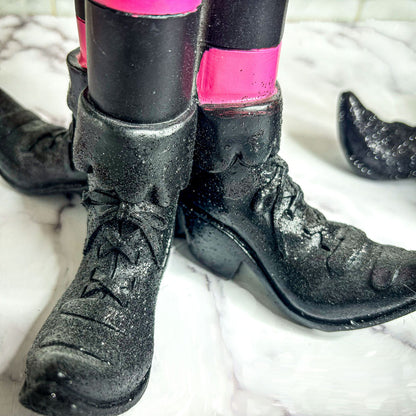 Witch Leg Pillar Candle Holder Halloween Decor Striped Boots Glitter