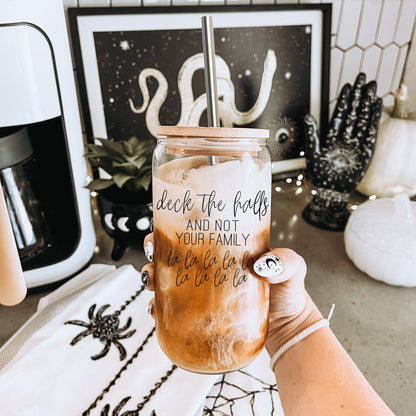 Deck The Halls 17oz Glass Tumbler With Bamboo Lid, Stainless Straws and Cleaner