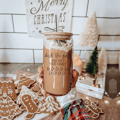 Deck The Halls 17oz Glass Tumbler With Bamboo Lid, Stainless Straws and Cleaner