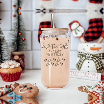 Deck The Halls 17oz Glass Tumbler With Bamboo Lid, Stainless Straws and Cleaner