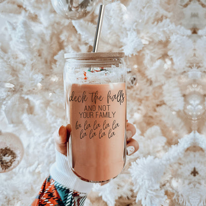 Deck The Halls 17oz Glass Tumbler With Bamboo Lid, Stainless Straws and Cleaner