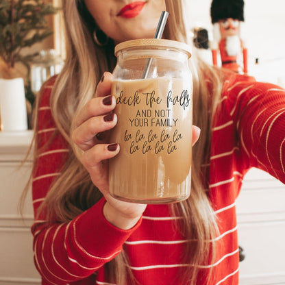 Deck The Halls 17oz Glass Tumbler With Bamboo Lid, Stainless Straws and Cleaner