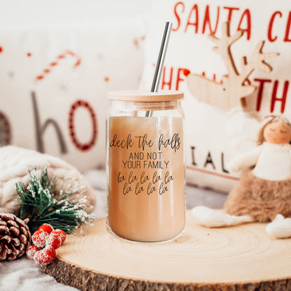 Deck The Halls 17oz Glass Tumbler With Bamboo Lid, Stainless Straws and Cleaner
