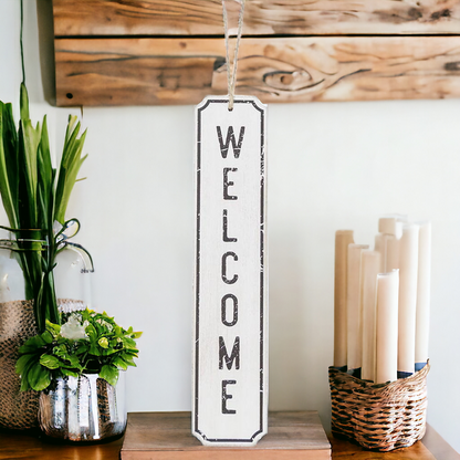 Wooden Welcome Hanging Sign Door Decor White Black Farmhouse Rustic 12 x 2.5 in