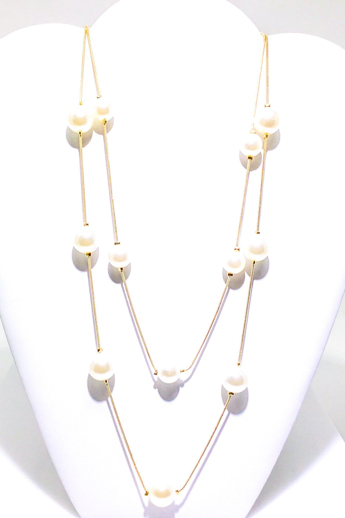 Double Strand Pearl Necklace Faith Pendant Layered Gold
