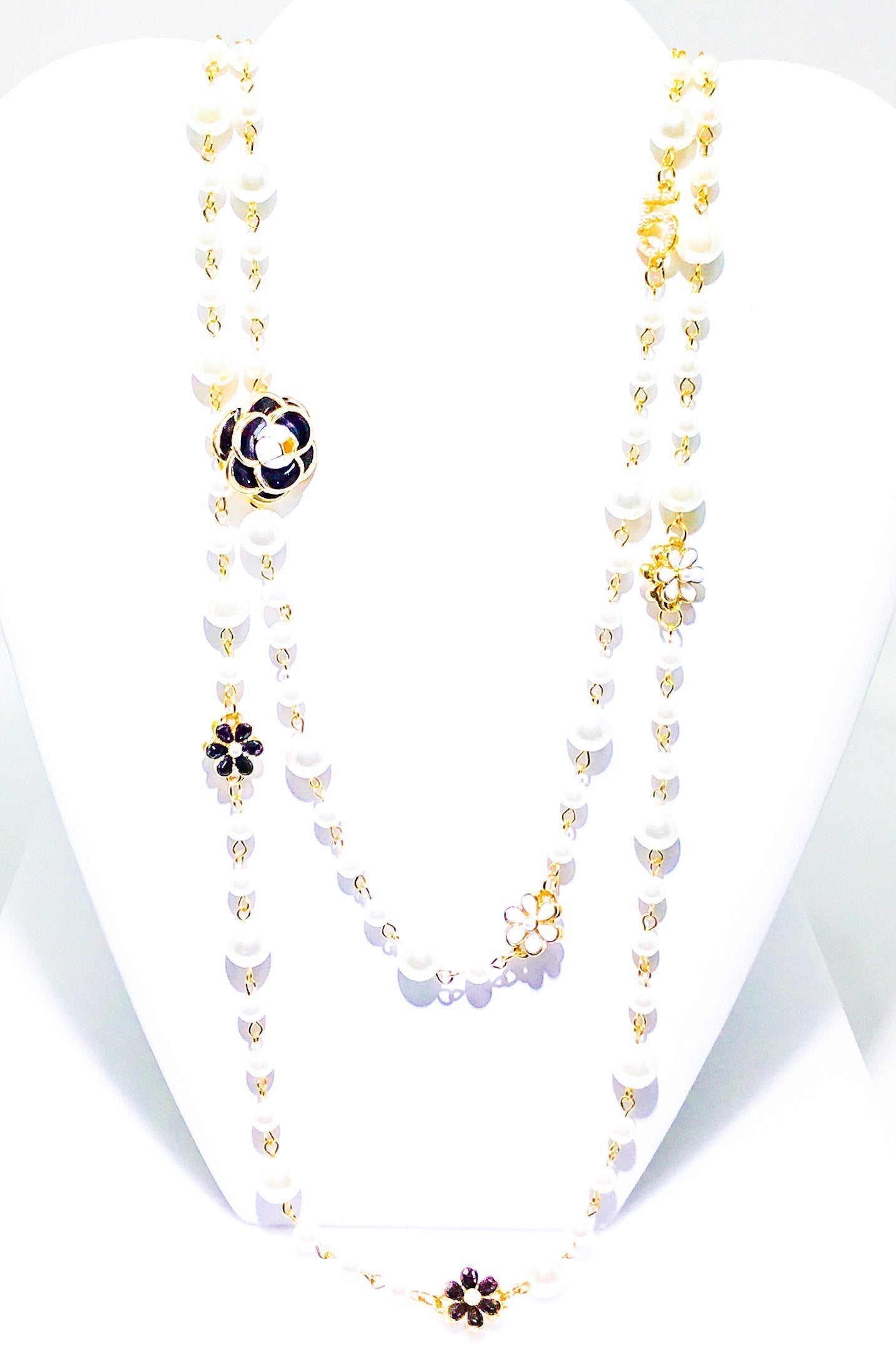 Double Strand Pearl Necklace With Gold Floral Accents