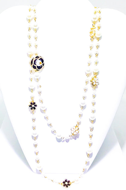 Double Strand Pearl Necklace With Gold Floral Accents