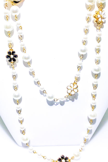 Double Strand Pearl Necklace With Gold Floral Accents
