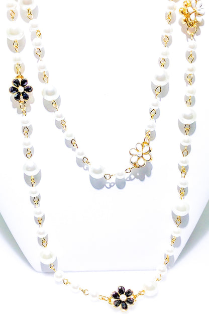 Double Strand Pearl Necklace With Gold Floral Accents