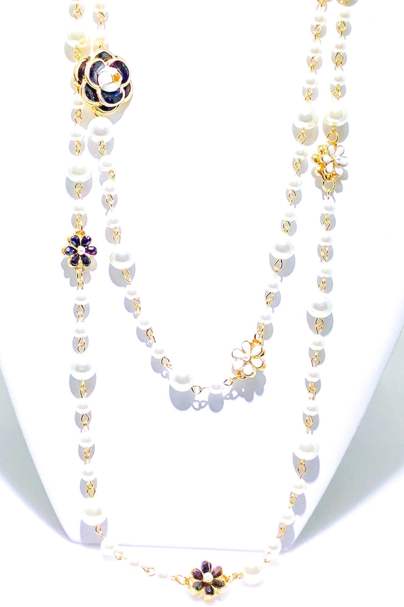Double Strand Pearl Necklace With Gold Floral Accents