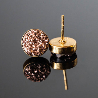 Druzy Round Stud Earrings Pink Crystal Gold Plated Style