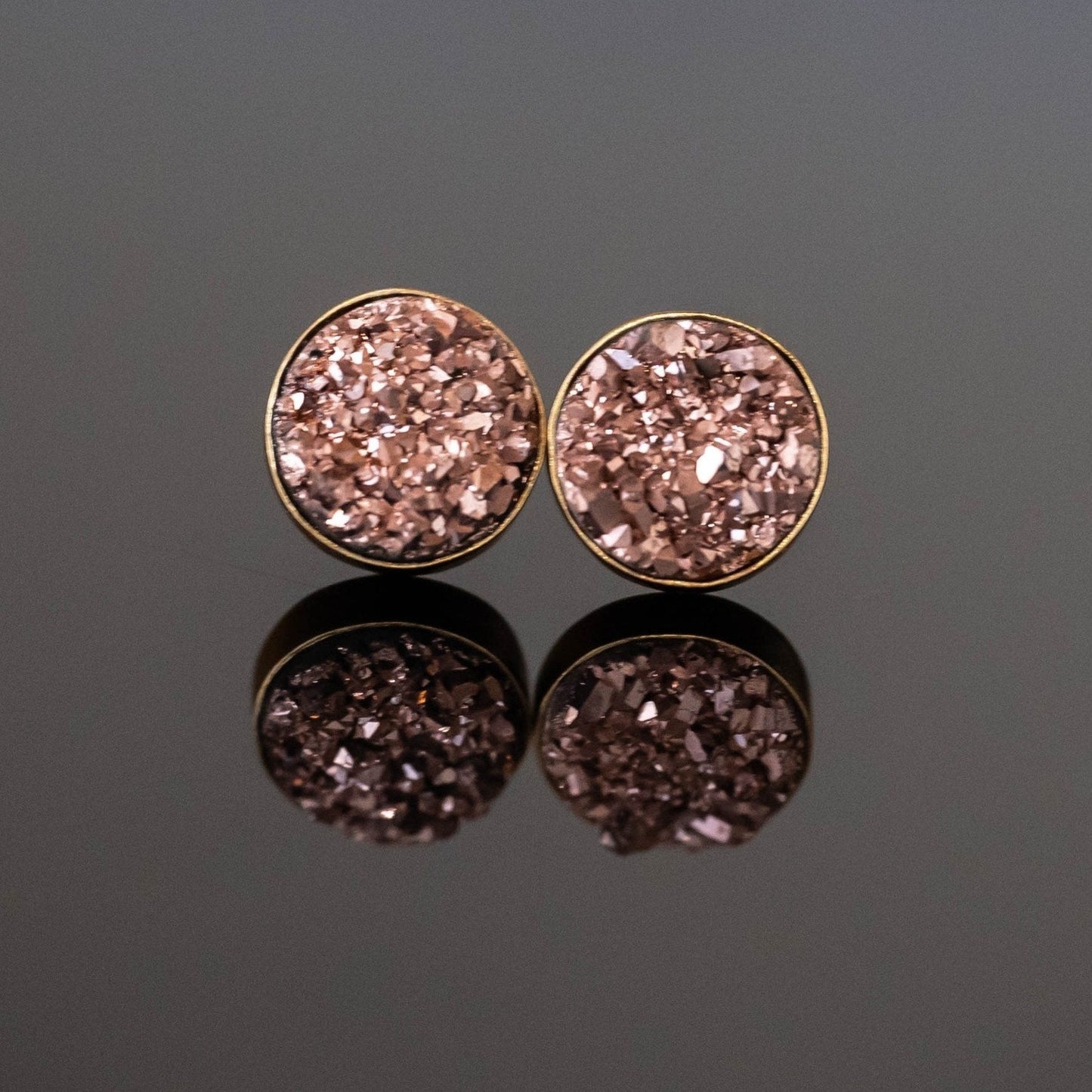 Druzy Round Stud Earrings Pink Crystal Gold Plated Style