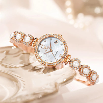 Women's Gold Pearl Bracelet Watch Quartz Date Elegant