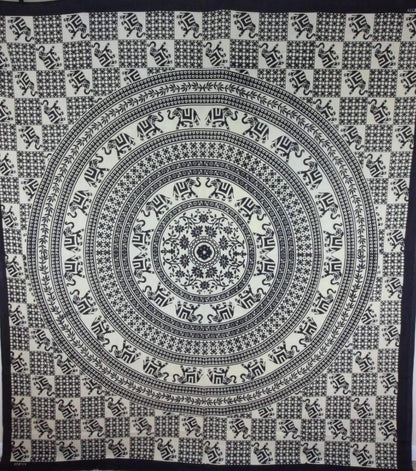 Elephant Mandala Checkerboard Wall Tapestry Black White
