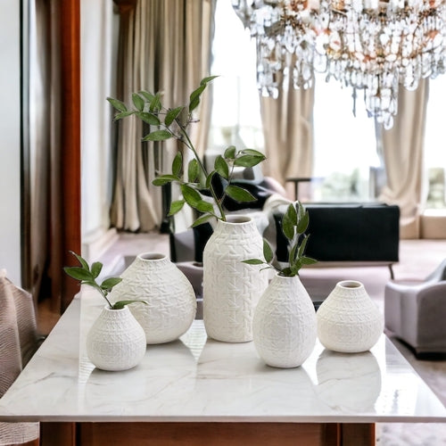 Embossed Cane Webbing Ceramic Vase - Modern Neutral Decor For Florals