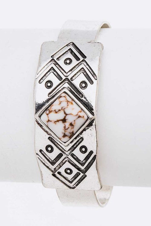 Engraved Aztec Stone Open Cuff Bracelet Boho Tribal
