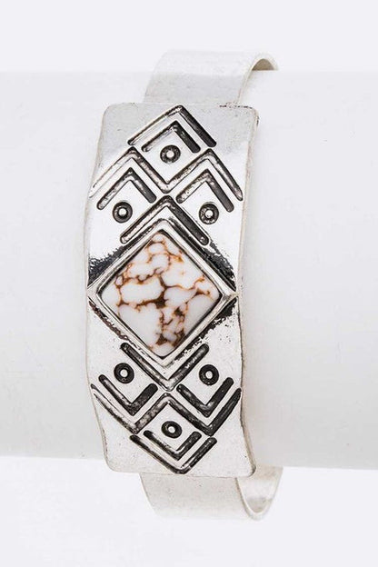 Engraved Aztec Stone Open Cuff Bracelet Boho Tribal