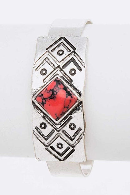 Engraved Aztec Stone Open Cuff Bracelet Boho Tribal