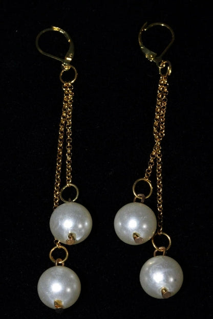 Faux Pearl Dangle Earrings Long Silver Chain Bridal