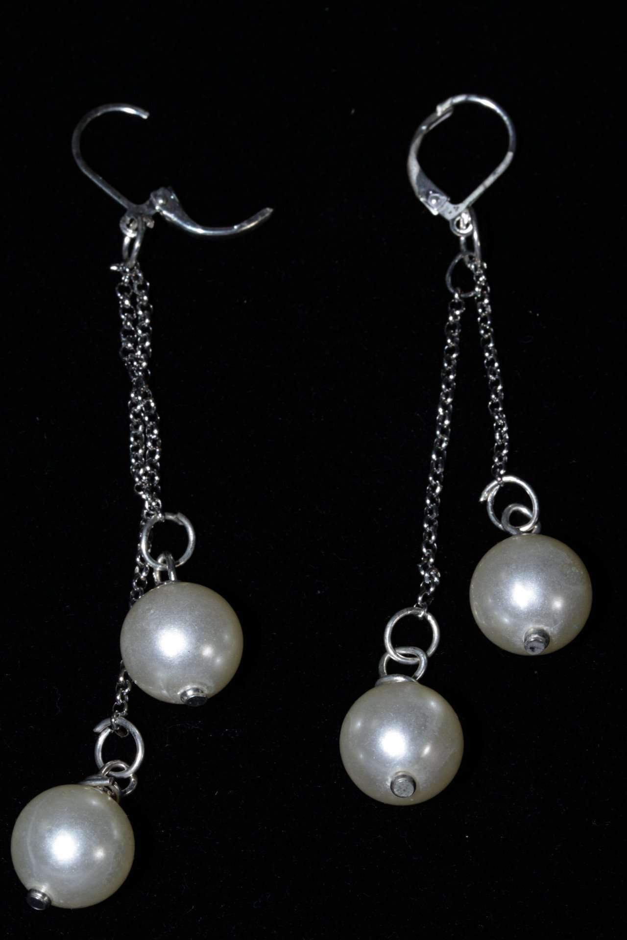Faux Pearl Dangle Earrings Long Silver Chain Bridal