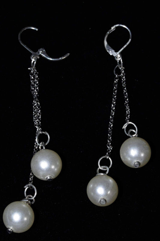 Faux Pearl Dangle Earrings Long Silver Chain Bridal