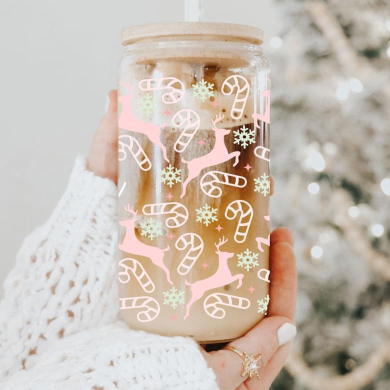 Festive 17oz Holiday Travel Mug Pastel Reindeer Snowflake Candy Cane Cup