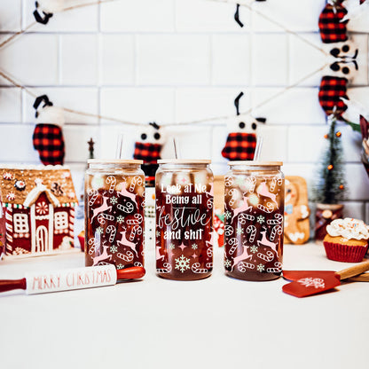 Festive 17oz Holiday Travel Mug Pastel Reindeer Snowflake Candy Cane Cup
