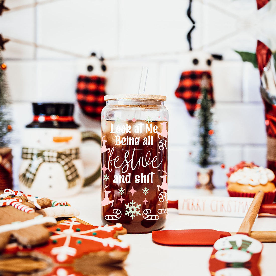 Festive 17oz Holiday Travel Mug Pastel Reindeer Snowflake Candy Cane Cup