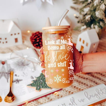 Festive 17oz Holiday Travel Mug Pastel Reindeer Snowflake Candy Cane Cup