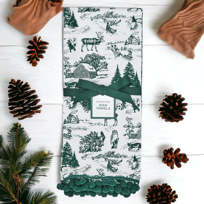 Forest Green Christmas Dish Towels Of 2 - 100 Percent Cotton Super Absorbent