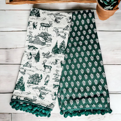Forest Green Christmas Dish Towels Of 2 - 100 Percent Cotton Super Absorbent