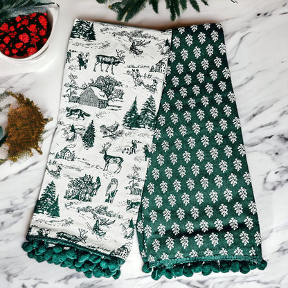 Forest Green Christmas Dish Towels Of 2 - 100 Percent Cotton Super Absorbent