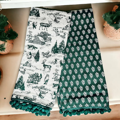 Forest Green Christmas Dish Towels Of 2 - 100 Percent Cotton Super Absorbent