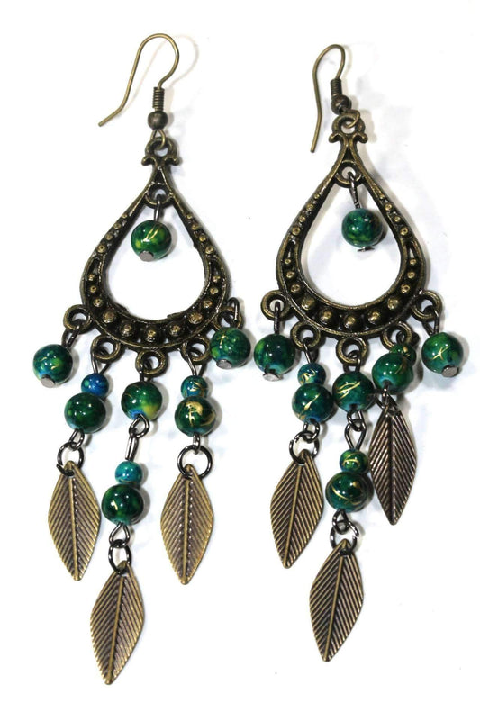 Free Spirit Leaf Dangle Earrings Boho Green Bead Brass