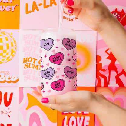Funny Candy Heart Glass Cup 20oz With Bamboo Lid - Sarcastic V Day Gift