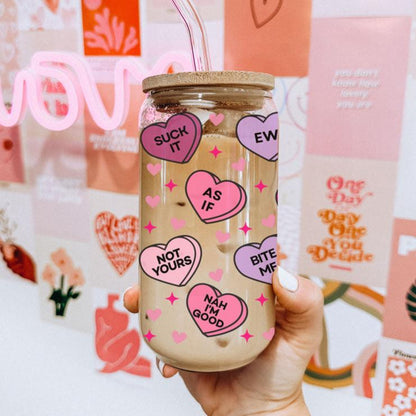 Funny Candy Heart Glass Cup 20oz With Bamboo Lid - Sarcastic V Day Gift