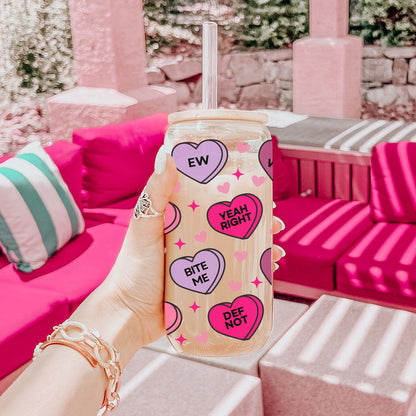 Funny Candy Heart Glass Cup 20oz With Bamboo Lid - Sarcastic V Day Gift