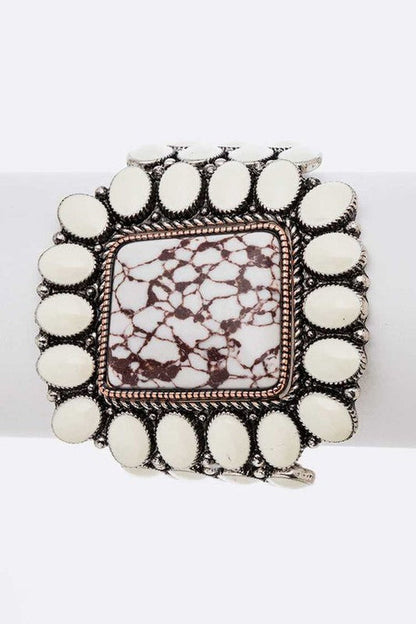Genuine Stone Statement Stretch Bracelet White Cabochon