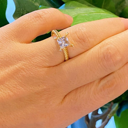Gold Braided Band Princess Cut Solitaire Ring For Women