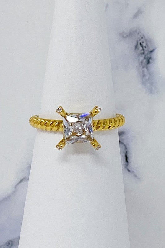 Gold Braided Band Princess Cut Solitaire Ring For Women