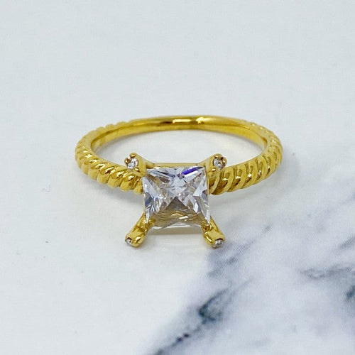 Gold Braided Band Princess Cut Solitaire Ring For Women