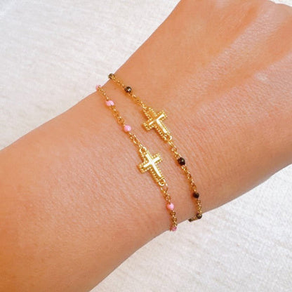 Gold Dainty Cross Chain Bracelet With Black Beads Adjustable